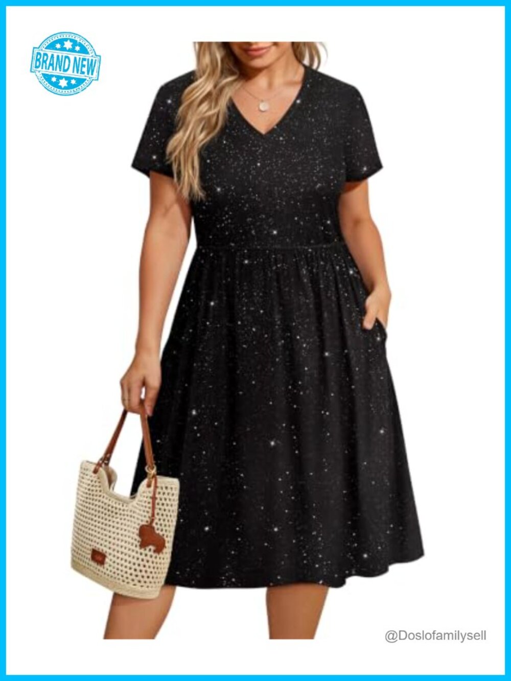 Plus Size V Neck Short Sleeve Summer Dress with Pockets Casual Knee Length